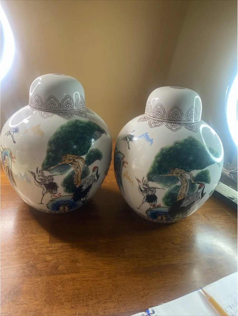 CHINESE OR JAPANESE ASIAN VASE CADDY JAR POEM PAINTED MORIAGE LOTUS BIRDS PAIR